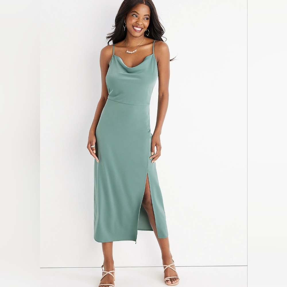 Maurices Solid Cowl Neck Satin Midi Dress Size M Medium Sage Fog